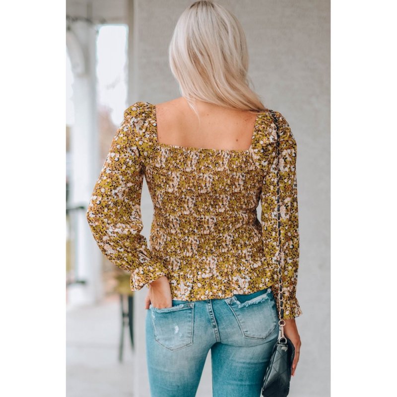 Yellow Square Neck Smocked Floral Top - from category Long Sleeve Tops (Dsipark.com | Best Online Shopping Website for Discounted Deals)