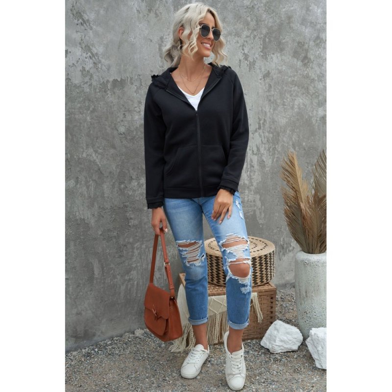 Black Zip-up Lace Trim Hooded Coat - from category Jackets & Coats (Dsipark.com | Best Online Shopping Website for Discounted Deals)
