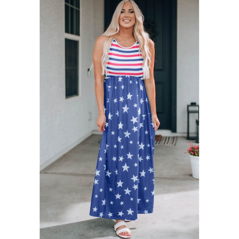 Blue Stripes and Stars Sleeveless Maxi Dress with Pockets - from category Maxi Dresses (Dsipark.com | Best Online Shopping Website for Discounted Deals)