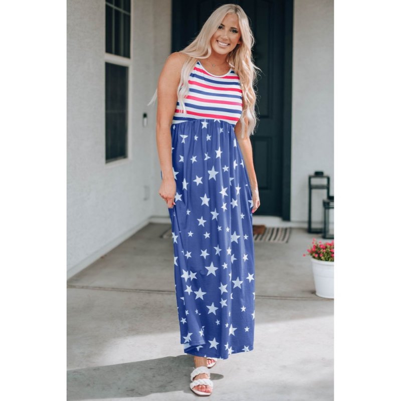 Blue Stripes and Stars Sleeveless Maxi Dress with Pockets - from category Maxi Dresses (Dsipark.com | Best Online Shopping Website for Discounted Deals)