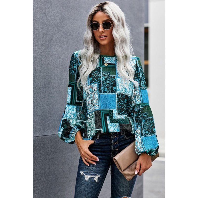 Blue Bohemian Floral Print Patchwork Top - from category Long Sleeve Tops (Dsipark.com | Best Online Shopping Website for Discounted Deals)
