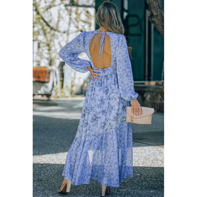 Sky Blue Floral Print Bubble Sleeves Hollow-out Back Maxi Dress - from category Maxi Dresses (Dsipark.com | Best Online Shopping Website for Discounted Deals)