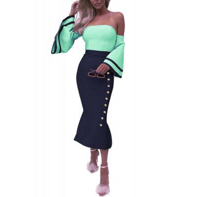 Sky Blue Flare Sleeve Button Bodycon Cocktail Dress - from category Midi Dresses (Dsipark.com | Best Online Shopping Website for Discounted Deals)