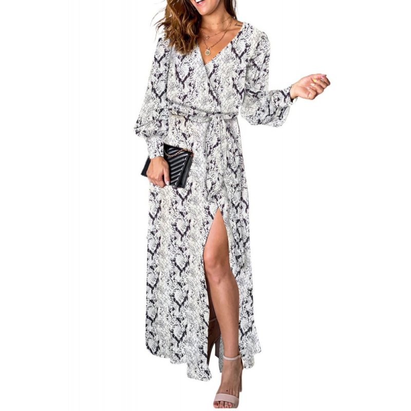Gray Sexy V Neck Cuffed Sleeve Snakeskin Maxi Dress - from category Maxi Dresses (Dsipark.com | Best Online Shopping Website for Discounted Deals)