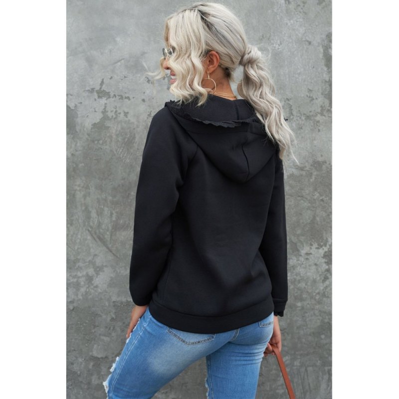Black Zip-up Lace Trim Hooded Coat - from category Jackets & Coats (Dsipark.com | Best Online Shopping Website for Discounted Deals)