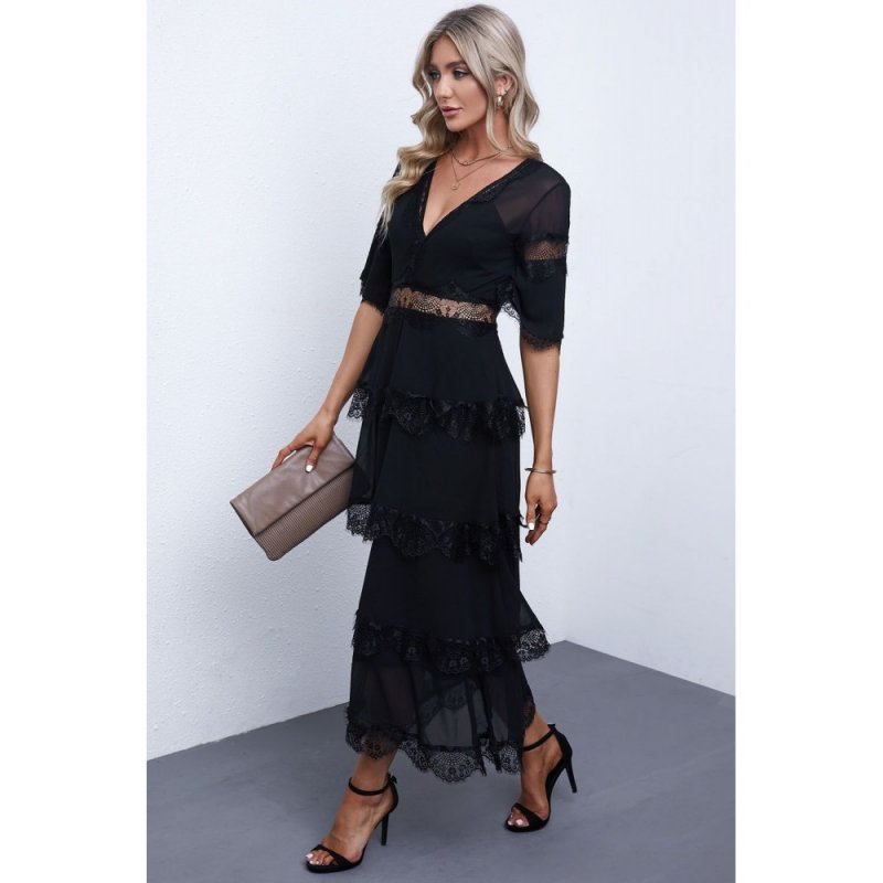 Black Swiss Dot Print See-through Lace Patch Layered Long Dress - from category Midi Dresses (Dsipark.com | Best Online Shopping Website for Discounted Deals)