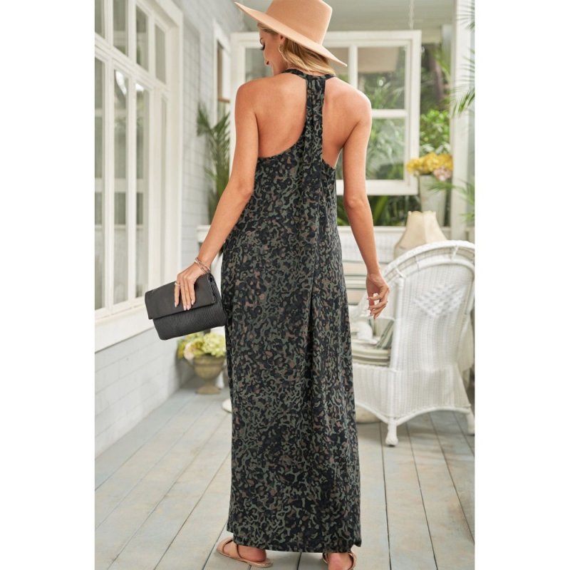 Green Leopard Sleeveless Cut-out Pocketed Maxi Dress - from category Maxi Dresses (Dsipark.com | Best Online Shopping Website for Discounted Deals)