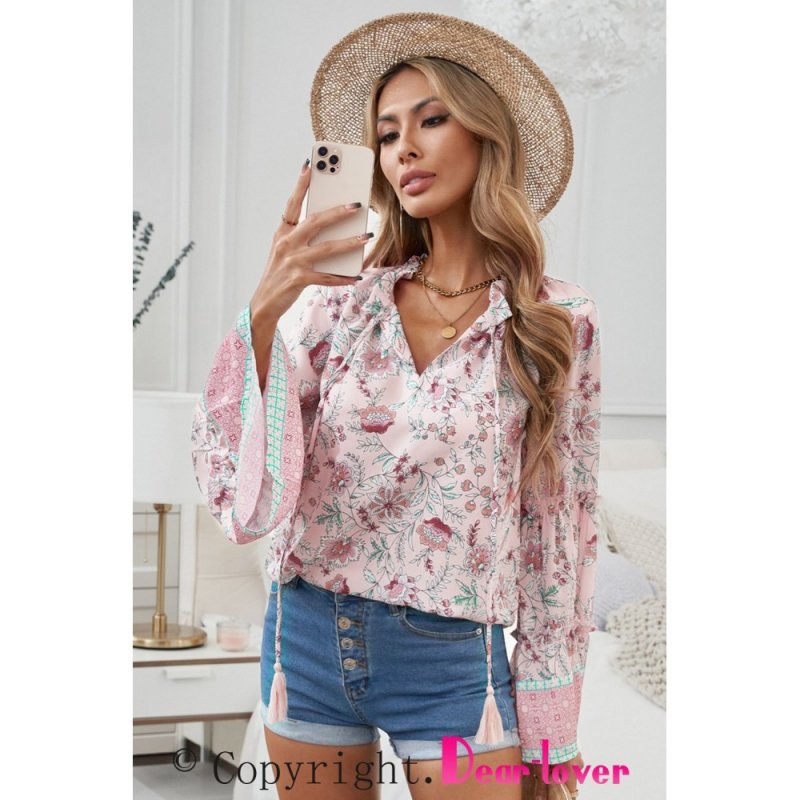 Pink Floral Print V Neck Drawstring Flared Sleeve Top - from category Long Sleeve Tops (Dsipark.com | Best Online Shopping Website for Discounted Deals)
