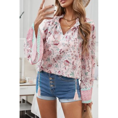Pink Floral Print V Neck Drawstring Flared Sleeve Top - from category Long Sleeve Tops (Dsipark.com | Best Online Shopping Website for Discounted Deals)