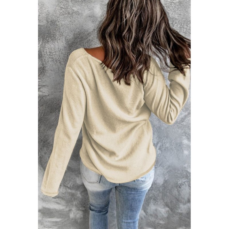 Beige Crisscross Neck Ribbed Knit Top - from category Long Sleeve Tops (Dsipark.com | Best Online Shopping Website for Discounted Deals)