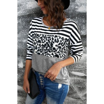 Striped Leopard Block Splicing Long Sleeve Top - from category Long Sleeve Tops (Dsipark.com | Best Online Shopping Website for Discounted Deals)