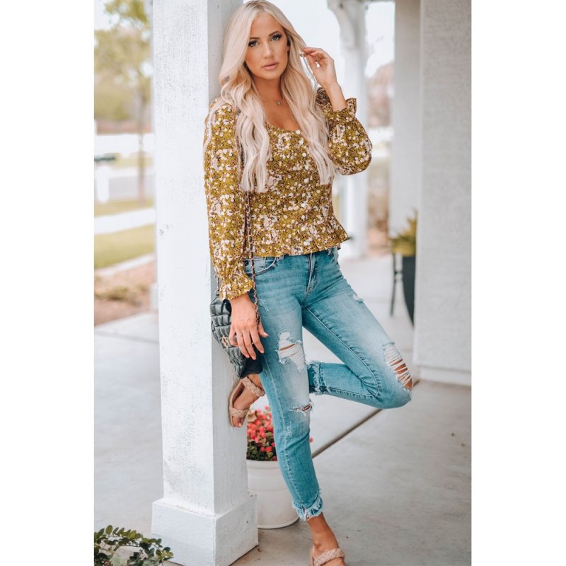 Yellow Square Neck Smocked Floral Top - from category Long Sleeve Tops (Dsipark.com | Best Online Shopping Website for Discounted Deals)