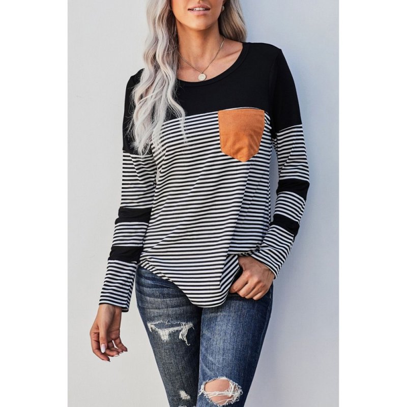 Black Pinstripe Patch Pocket Top - from category Long Sleeve Tops (Dsipark.com | Best Online Shopping Website for Discounted Deals)