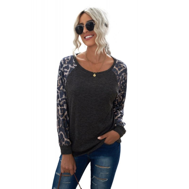 Gray Leopard Patch Ribbed Loose Long Sleeve Blouse - from category Long Sleeve Tops (Dsipark.com | Best Online Shopping Website for Discounted Deals)