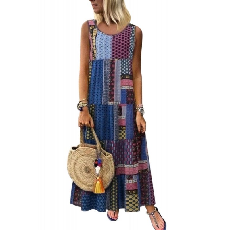 Blue Bohemian Splicing Round Neck Sleeveless Dress - from category Maxi Dresses (Dsipark.com | Best Online Shopping Website for Discounted Deals)