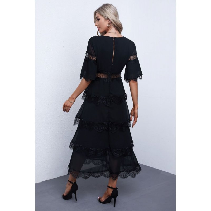 Black Swiss Dot Print See-through Lace Patch Layered Long Dress - from category Midi Dresses (Dsipark.com | Best Online Shopping Website for Discounted Deals)