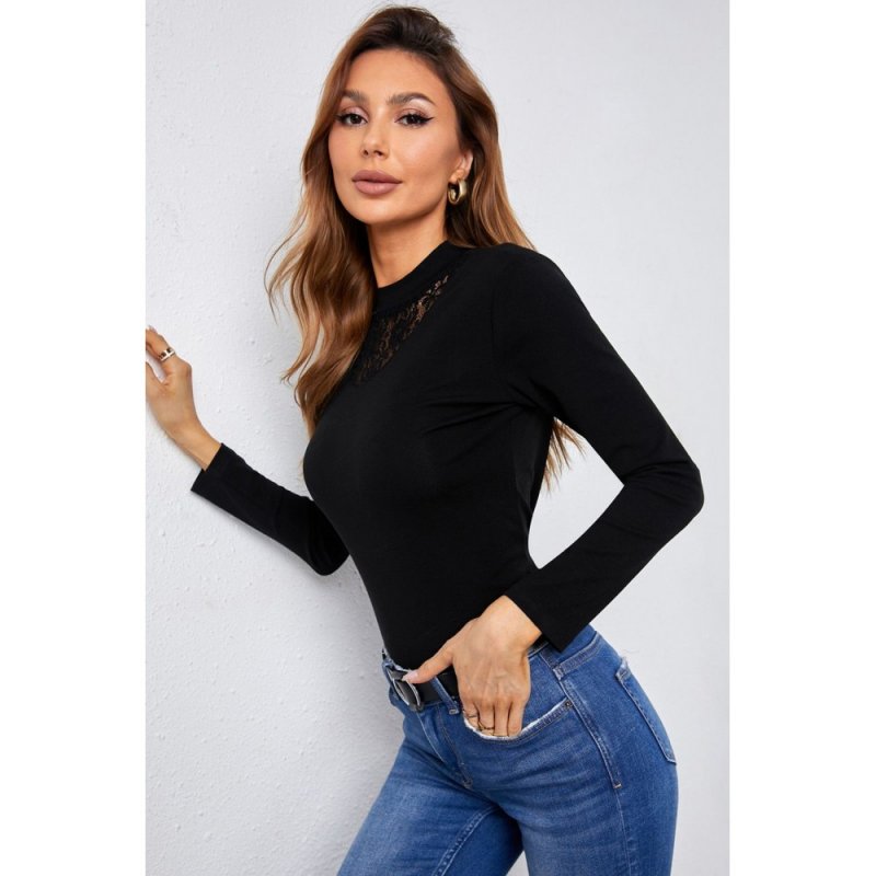 Black Mock Neck Lace Insert Slim Fit Long Sleeve Basic T Shirt - from category Long Sleeve Tops (Dsipark.com | Best Online Shopping Website for Discounted Deals)