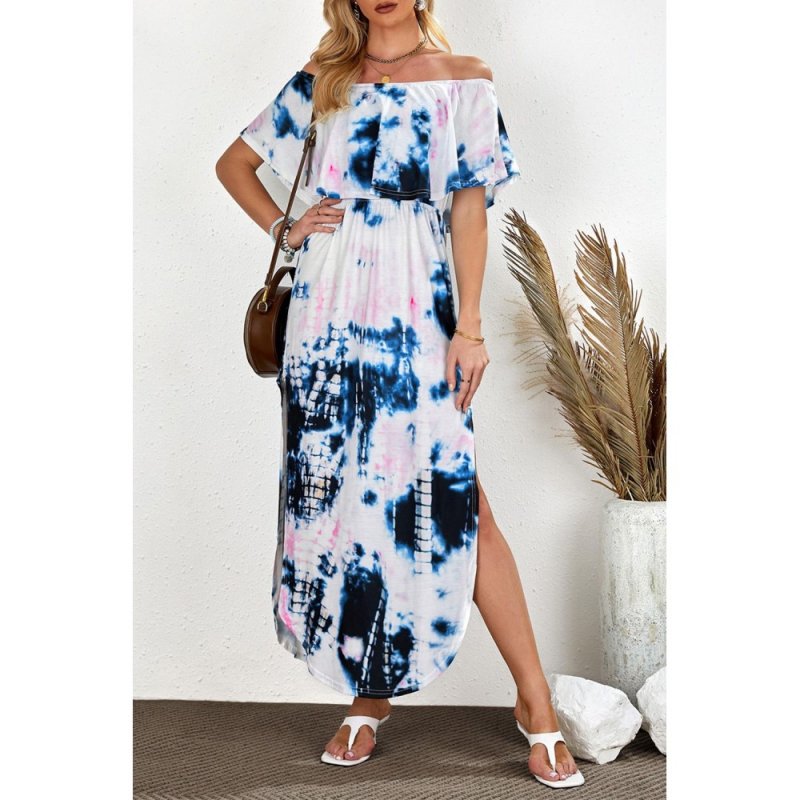 Ruffle Off Shoulder Neckline Tie-dye Maxi Dress with Slits - from category Maxi Dresses (Dsipark.com | Best Online Shopping Website for Discounted Deals)