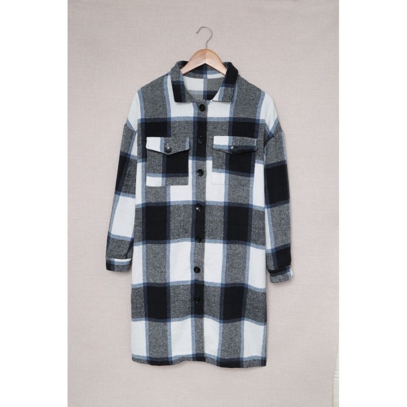 Black Shirt Collar Button Closure Plaid Coat