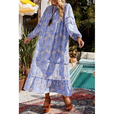 Purple Ruffled Bubble Sleeves Kaftan Paisley Maxi Dress - from category Maxi Dresses (Dsipark.com | Best Online Shopping Website for Discounted Deals)