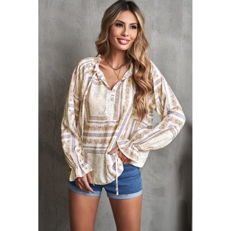 Beige V Neck Lantern Sleeve Drawstring Tribal Print Top - from category Long Sleeve Tops (Dsipark.com | Best Online Shopping Website for Discounted Deals)