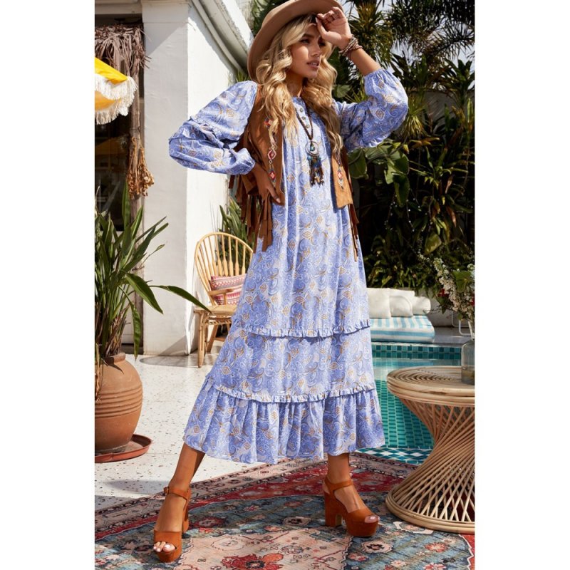 Purple Ruffled Bubble Sleeves Kaftan Paisley Maxi Dress - from category Maxi Dresses (Dsipark.com | Best Online Shopping Website for Discounted Deals)