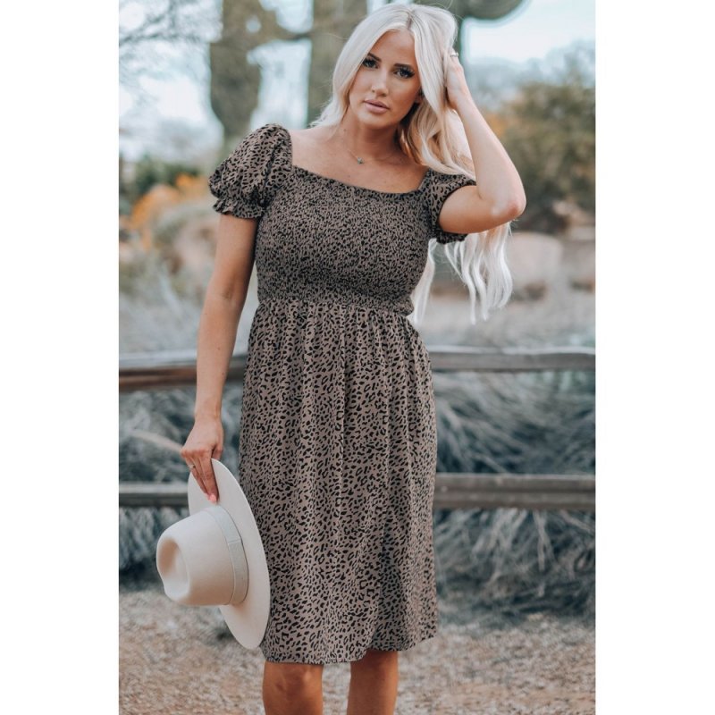 Brown Leopard Square Neck Puff Sleeve Smocking Dress - from category Midi Dresses (Dsipark.com | Best Online Shopping Website for Discounted Deals)