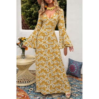 Yellow Bohemian V Neck Bell Sleeves Paisley Print Maxi Dress - from category Maxi Dresses (Dsipark.com | Best Online Shopping Website for Discounted Deals)