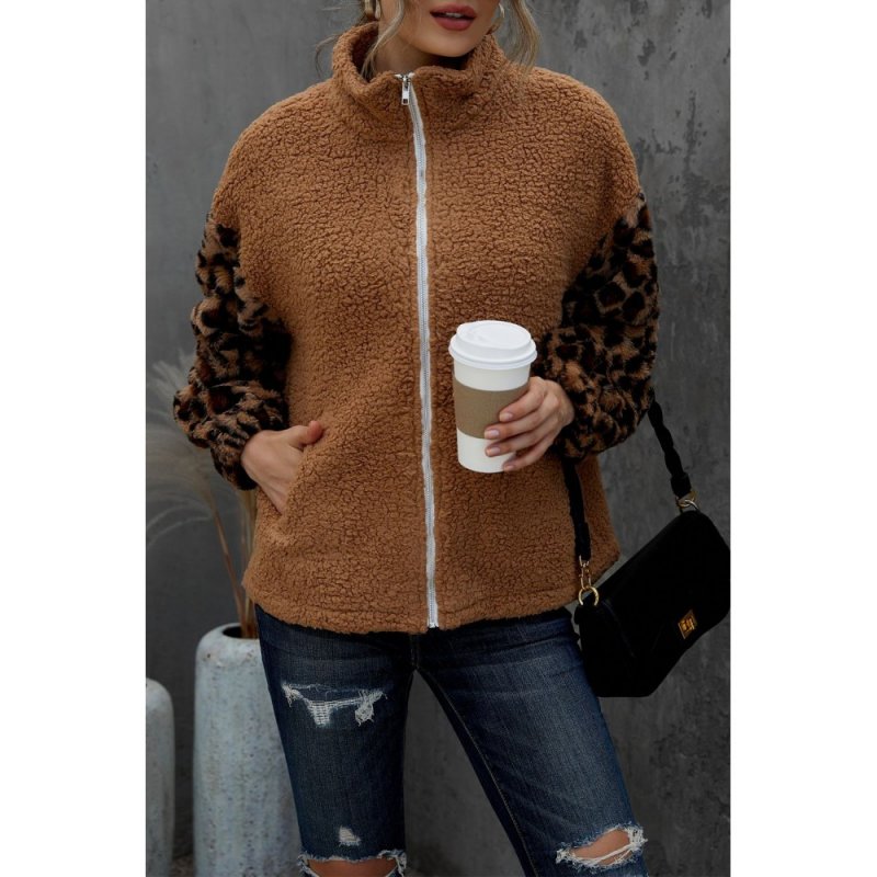 Brown Leopard Raglan Sleeve Zipped Sherpa Coat - from category Jackets & Coats (Dsipark.com | Best Online Shopping Website for Discounted Deals)