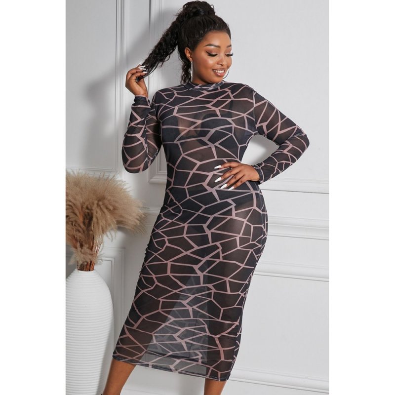 Geometric Print See-through Mesh Plus Size Midi Dress - from category Midi Dresses (Dsipark.com | Best Online Shopping Website for Discounted Deals)