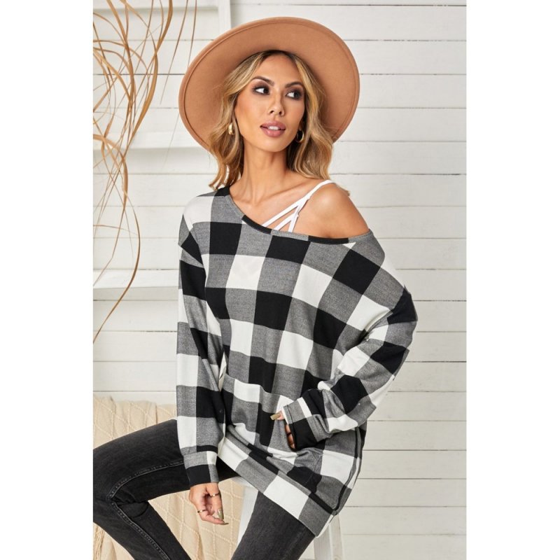 Plaid Kangaroo Pocket Long Sleeve Blouse - from category Long Sleeve Tops (Dsipark.com | Best Online Shopping Website for Discounted Deals)