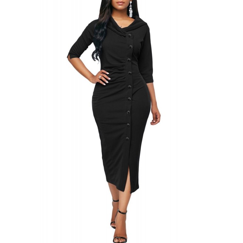 Black Button Up Front Slit Sheath Midi Dress - from category Midi Dresses (Dsipark.com | Best Online Shopping Website for Discounted Deals)