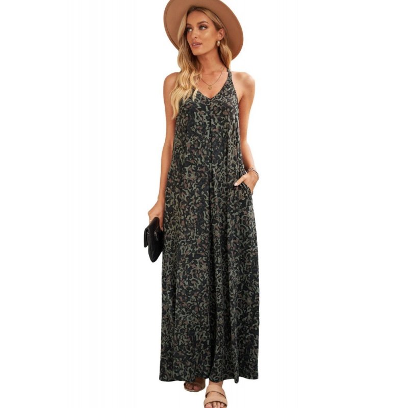Green Leopard Sleeveless Cut-out Pocketed Maxi Dress - from category Maxi Dresses (Dsipark.com | Best Online Shopping Website for Discounted Deals)