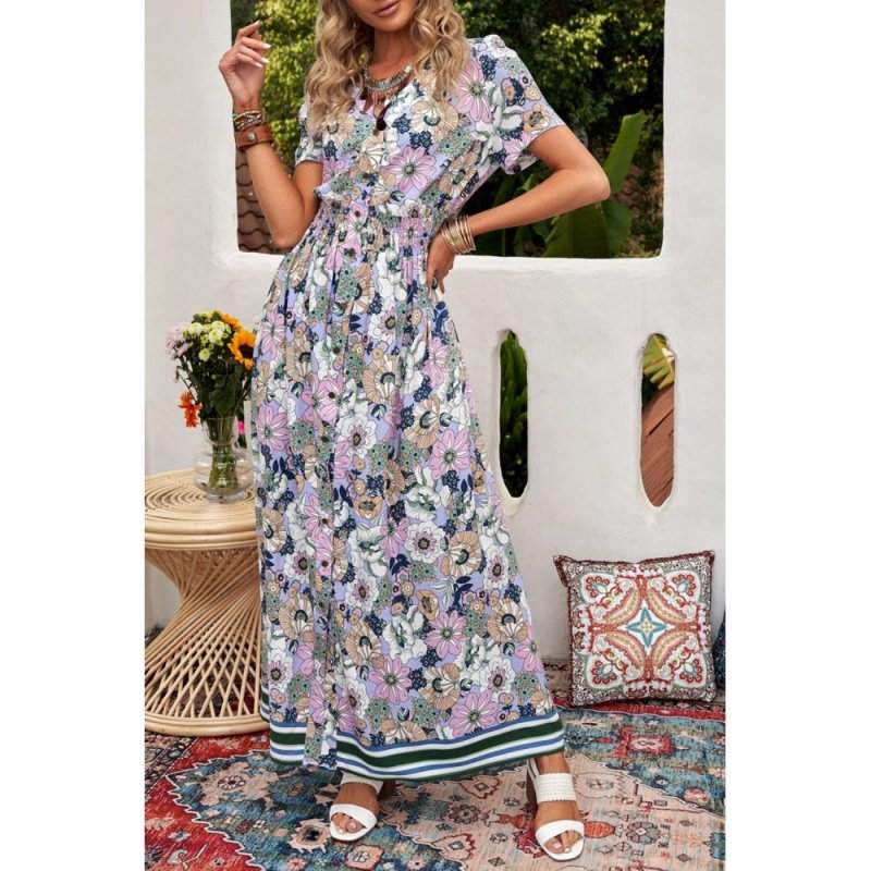 Purple Buttons Closure Floral Short Sleeves Maxi Dress - from category Maxi Dresses (Dsipark.com | Best Online Shopping Website for Discounted Deals)