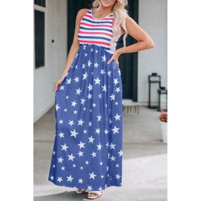 Blue Stripes and Stars Sleeveless Maxi Dress with Pockets - from category Maxi Dresses (Dsipark.com | Best Online Shopping Website for Discounted Deals)
