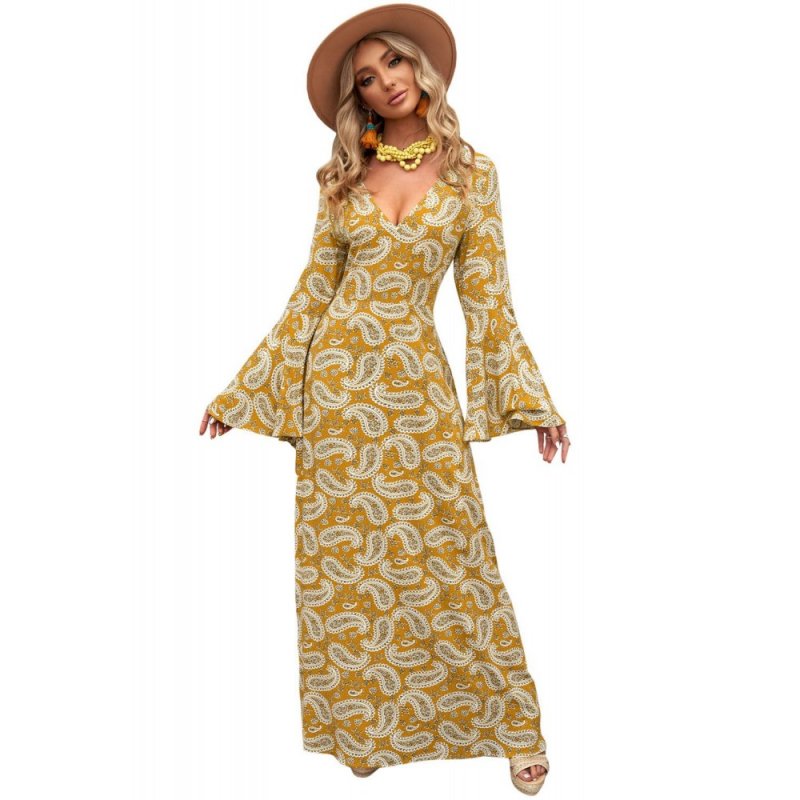 Yellow Bohemian V Neck Bell Sleeves Paisley Print Maxi Dress - from category Maxi Dresses (Dsipark.com | Best Online Shopping Website for Discounted Deals)