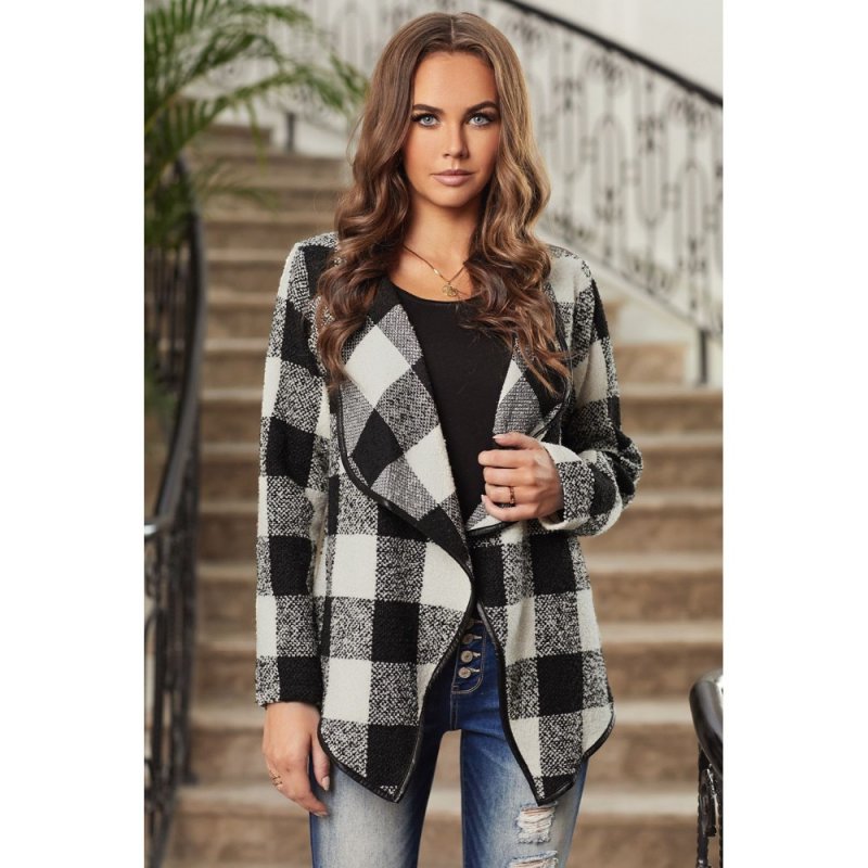 Black?Plaid Long Sleeve Asymmetric Collar Open Front Coat - from category Jackets & Coats (Dsipark.com | Best Online Shopping Website for Discounted Deals)