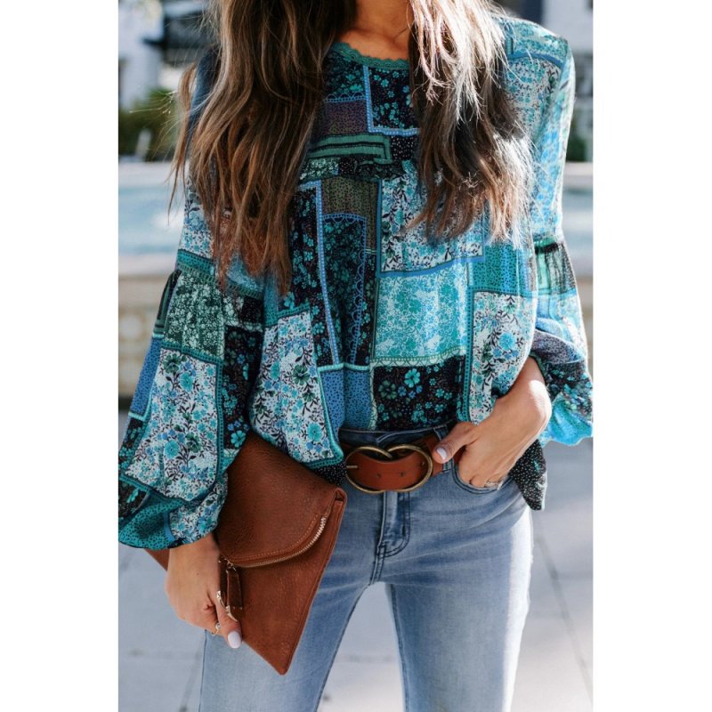 Blue Bohemian Floral Print Patchwork Top - from category Long Sleeve Tops (Dsipark.com | Best Online Shopping Website for Discounted Deals)