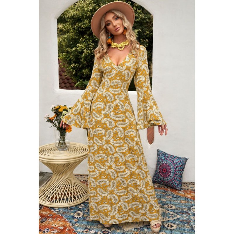 Yellow Bohemian V Neck Bell Sleeves Paisley Print Maxi Dress - from category Maxi Dresses (Dsipark.com | Best Online Shopping Website for Discounted Deals)