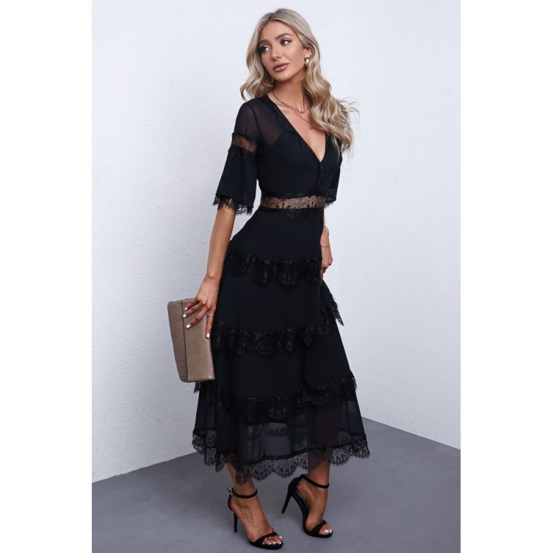 Black Swiss Dot Print See-through Lace Patch Layered Long Dress - from category Midi Dresses (Dsipark.com | Best Online Shopping Website for Discounted Deals)