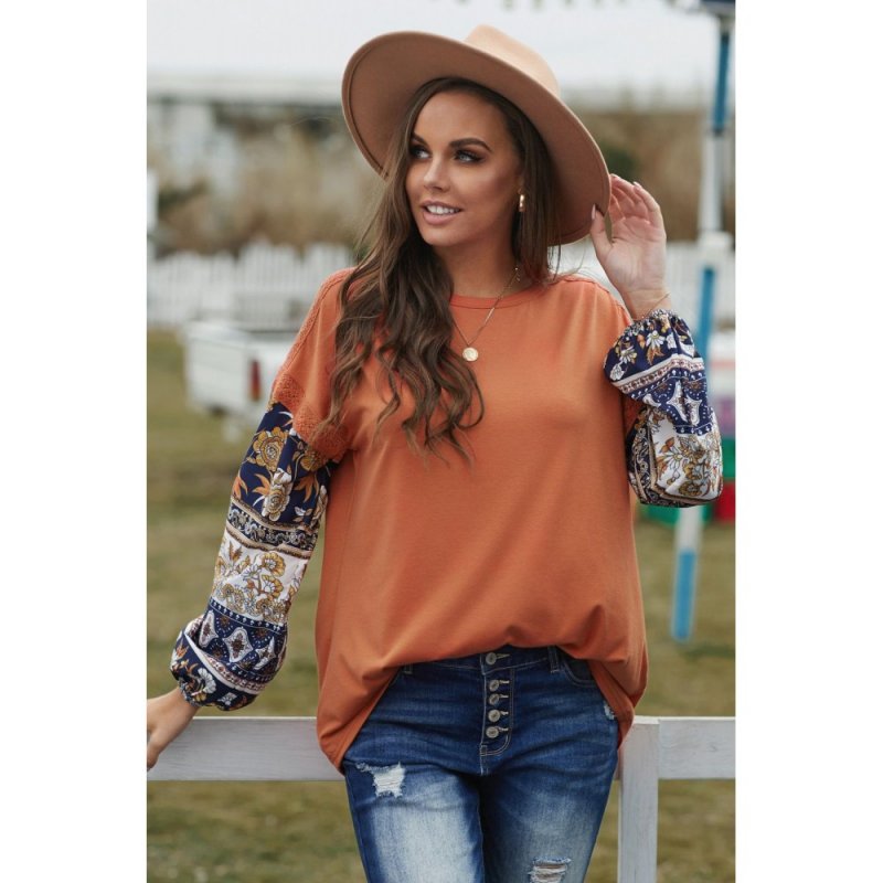 Brown Boho Floral Print Balloon Sleeve Top with Lace Details - from category Long Sleeve Tops (Dsipark.com | Best Online Shopping Website for Discounted Deals)