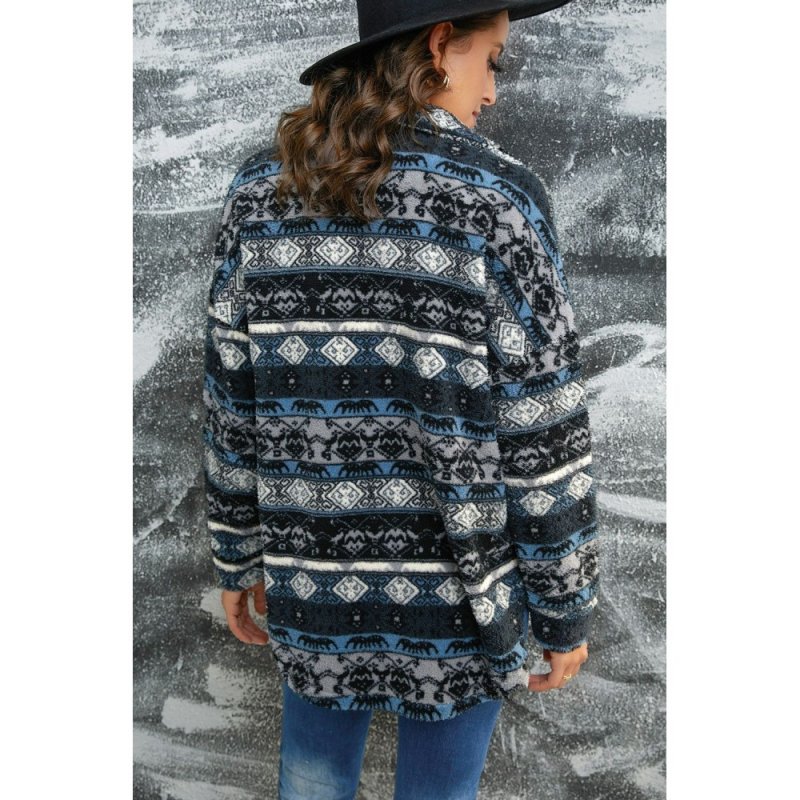 Blue Tribal Print Pocket Buttoned Sherpa Jacket - from category Jackets & Coats (Dsipark.com | Best Online Shopping Website for Discounted Deals)