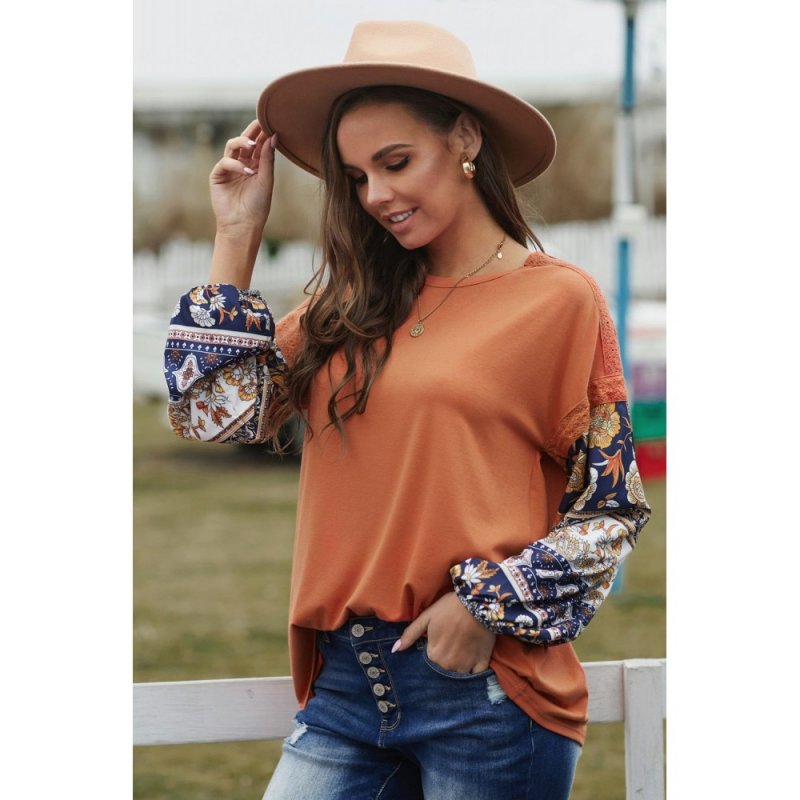 Brown Boho Floral Print Balloon Sleeve Top with Lace Details - from category Long Sleeve Tops (Dsipark.com | Best Online Shopping Website for Discounted Deals)