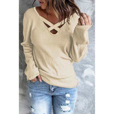 Beige Crisscross Neck Ribbed Knit Top - from category Long Sleeve Tops (Dsipark.com | Best Online Shopping Website for Discounted Deals)