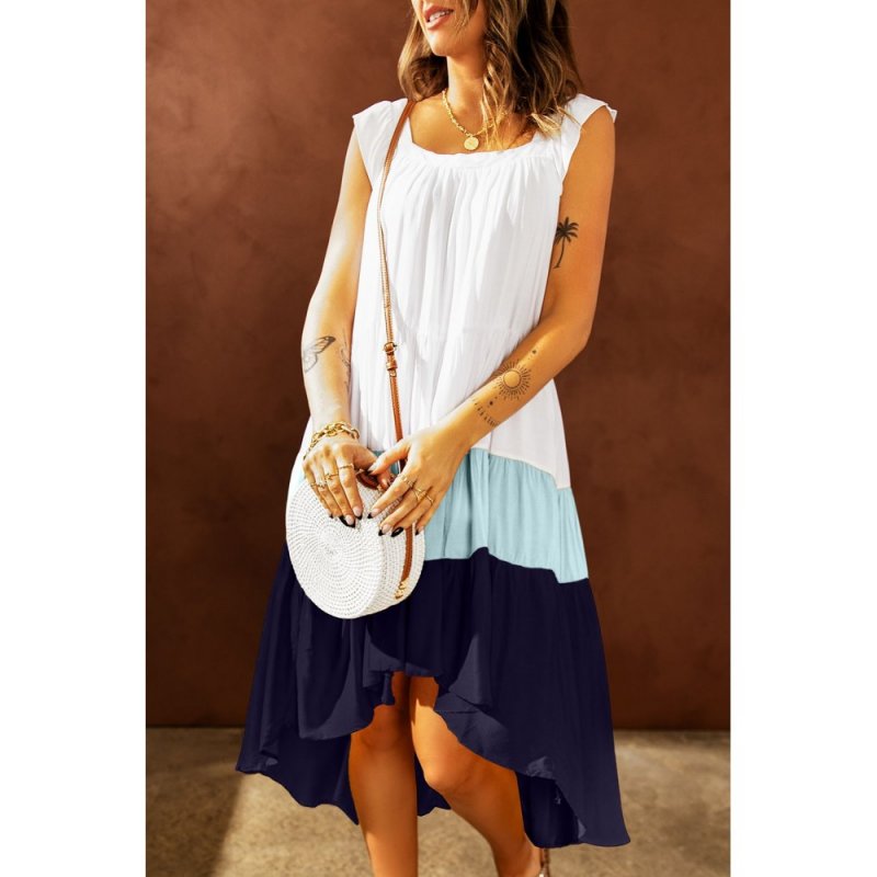 Blue High Low Tiered Colorblock Square Collar Midi Dress - from category Midi Dresses (Dsipark.com | Best Online Shopping Website for Discounted Deals)