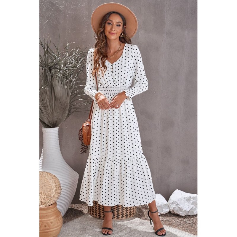 White V Neck Lantern Sleeve Elastic Waist Polka Dot Dress - from category Maxi Dresses (Dsipark.com | Best Online Shopping Website for Discounted Deals)