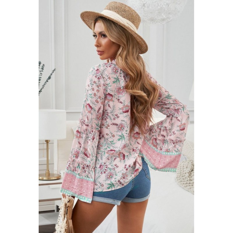 Pink Floral Print V Neck Drawstring Flared Sleeve Top - from category Long Sleeve Tops (Dsipark.com | Best Online Shopping Website for Discounted Deals)
