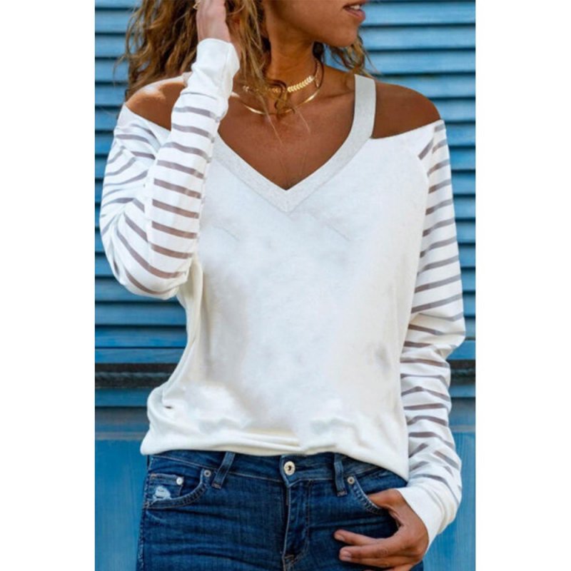 Mesh Striped Cut-out Cold Shoulder Long Sleeve T-shirt - from category Long Sleeve Tops (Dsipark.com | Best Online Shopping Website for Discounted Deals)