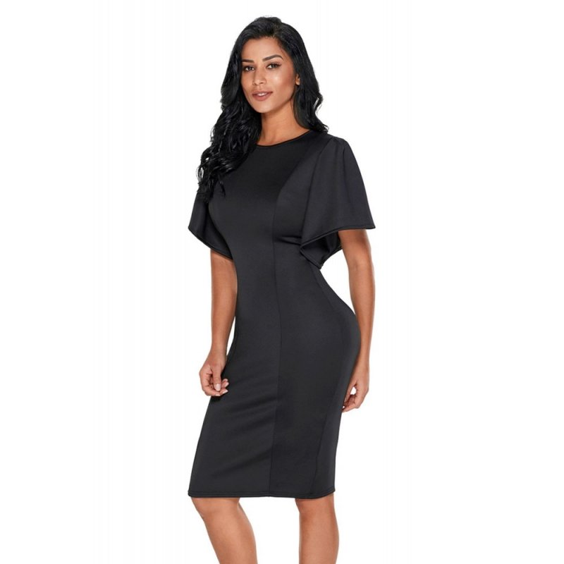 Black Flutter Sleeve Back Slit Sheath Dress - from category Midi Dresses (Dsipark.com | Best Online Shopping Website for Discounted Deals)