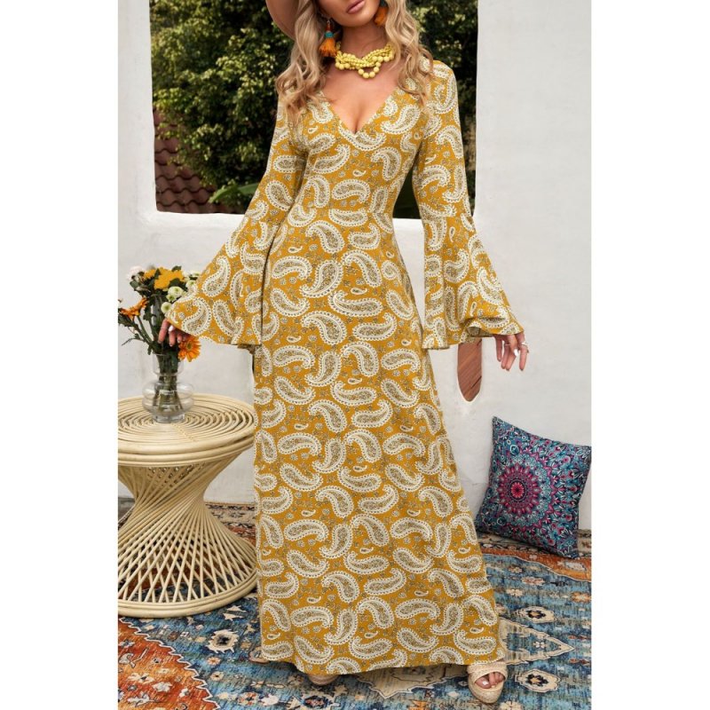Yellow Bohemian V Neck Bell Sleeves Paisley Print Maxi Dress - from category Maxi Dresses (Dsipark.com | Best Online Shopping Website for Discounted Deals)